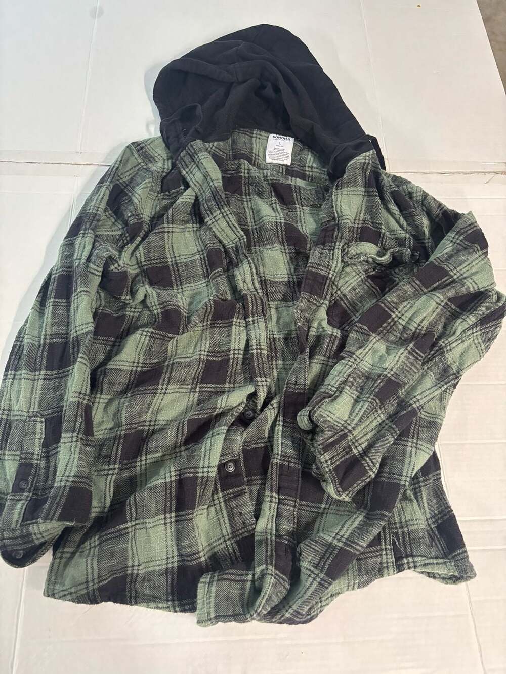 Sonoma Goods For Life Green and Black Plaid Hooded Flannel Shirt Men’s Large